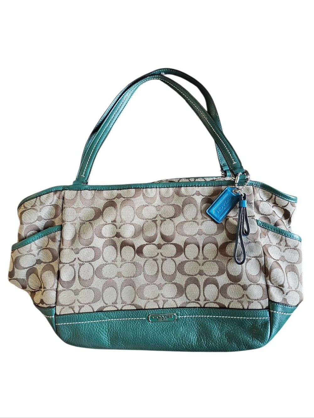 Coach Park Signature Carrie Tote F23297 Brown Beige Green Canvas Leather Bag